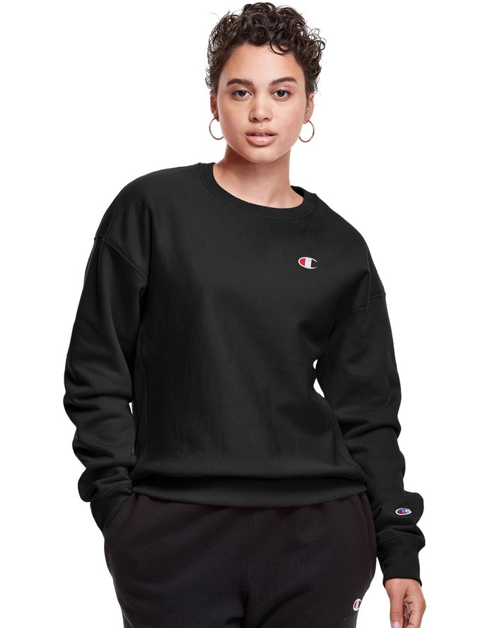 Champion Womens Sweatshirt NZ - Reverse Weave Crew C Logo Black ( 6493-RWSFU )